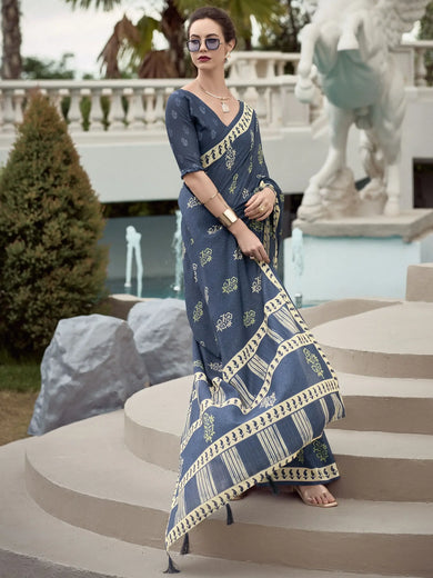 Majestic Navy Blue Printed Mal Mal Silk Office Wear Saree With Blouse
